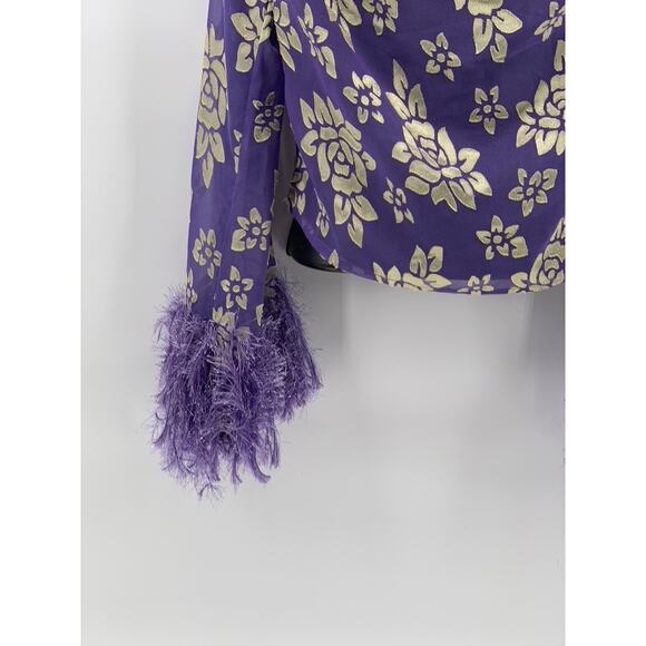 ASOS Women's Purple-Beige Floral Print Long Sleeve V-Neck Open Back Top SZ 4 - Picture 7 of 10